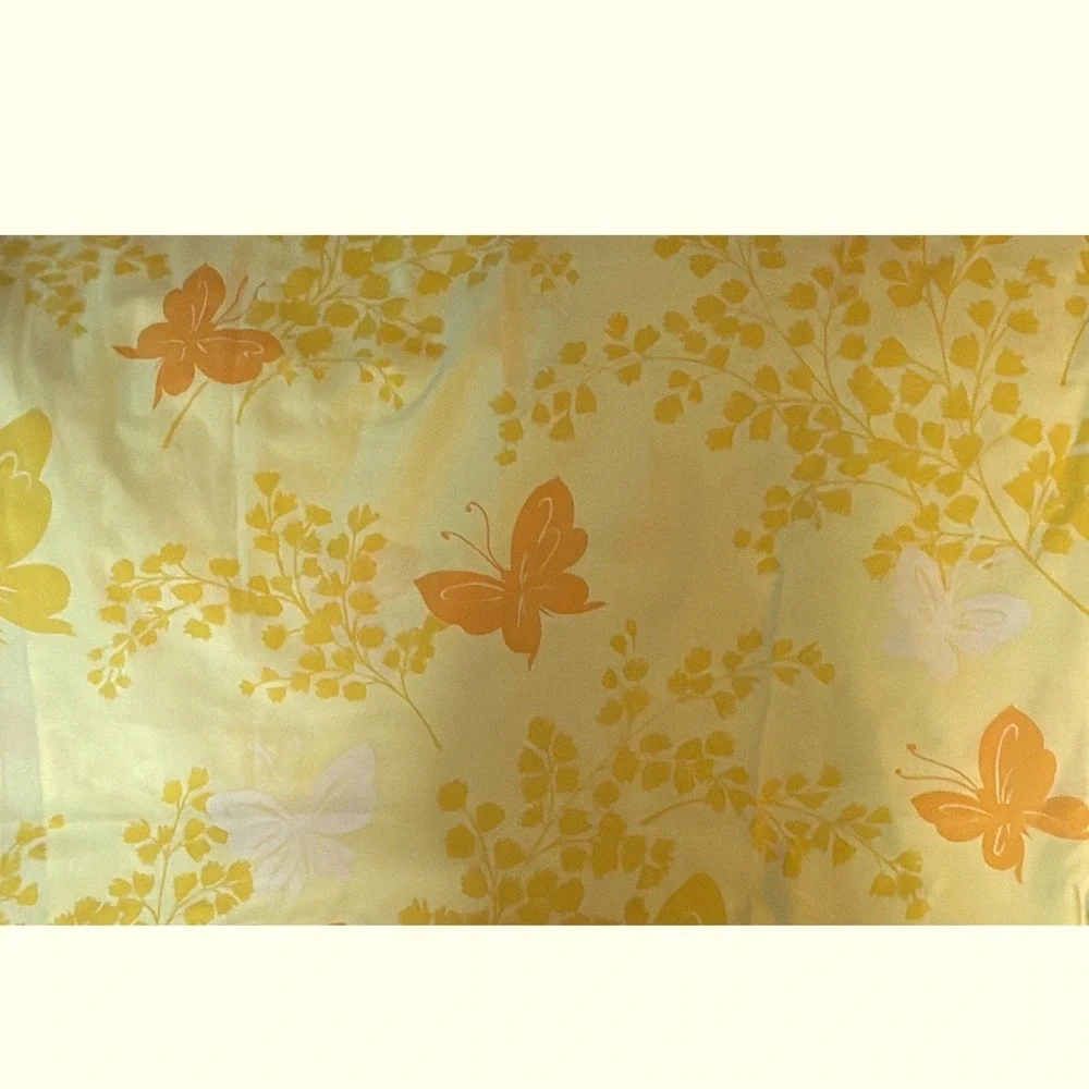 VTG Yellow Butterfly Fern Print Bedding Twin Flat Sheet & Pillow Case Retro‎ MCM